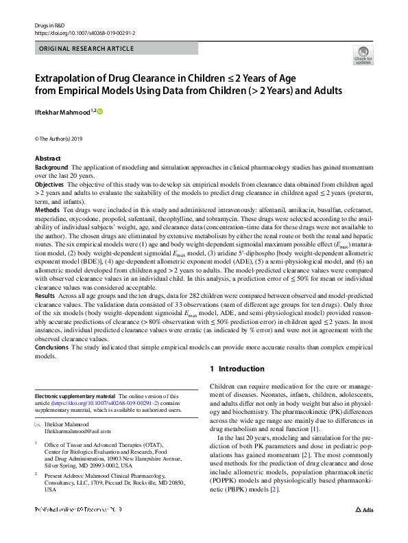 (PDF) Extrapolation of Drug Clearance in Children ≤ 2 Years of Age from ...