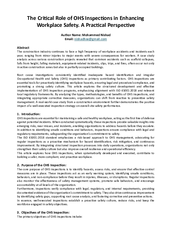 (PDF) The Critical Role of OHS Inspections in Enhancing Workplace ...
