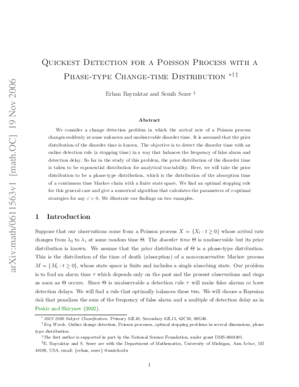 (PDF) Quickest Detection for a Poisson Process With a Phase-Type Change ...