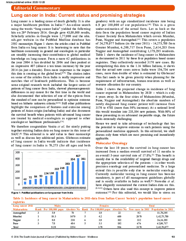 (PDF) Lung cancer in India: Current status and promising strategies