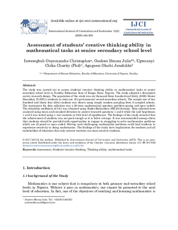 (PDF) Assessment of students’ creative thinking ability in mathematical ...