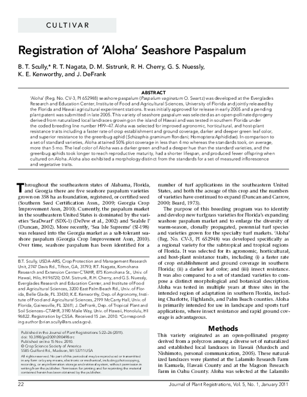 (PDF) Registration of ‘Aloha’ Seashore Paspalum
