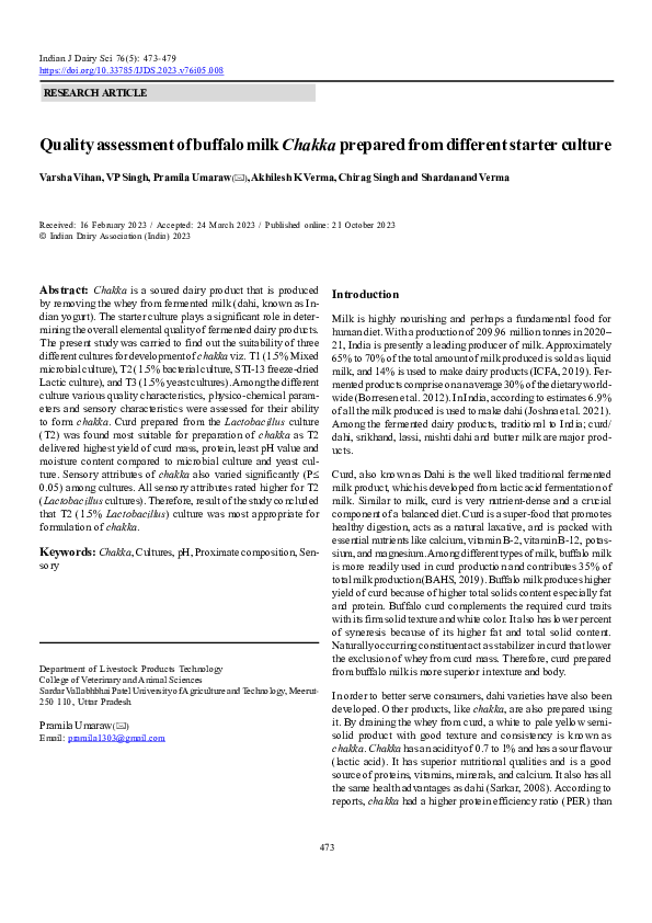 (PDF) Quality assessment of buffalo milk Chakka prepared from different ...