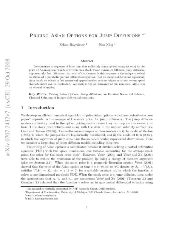 (PDF) Pricing Asian Options for Jump Diffusions