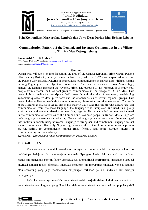 (PDF) Communication Patterns of the Lembak and Javanese Communities in ...