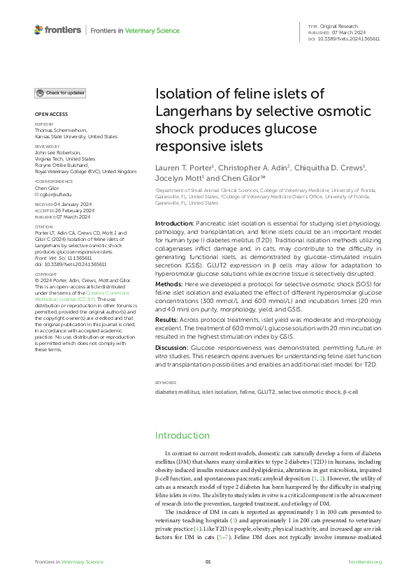 (PDF) Isolation of feline islets of Langerhans by selective osmotic ...