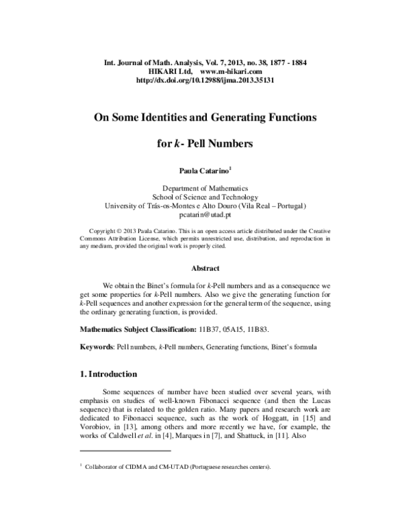 (PDF) On some identities and generating functions for k- Pell numbers
