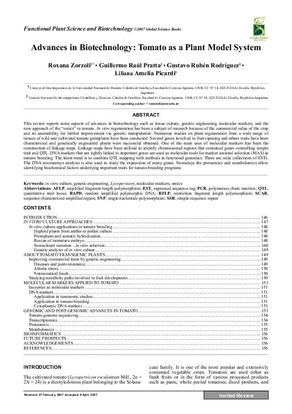 (PDF) Advances in Biotechnology: Tomato as a Plant Model System