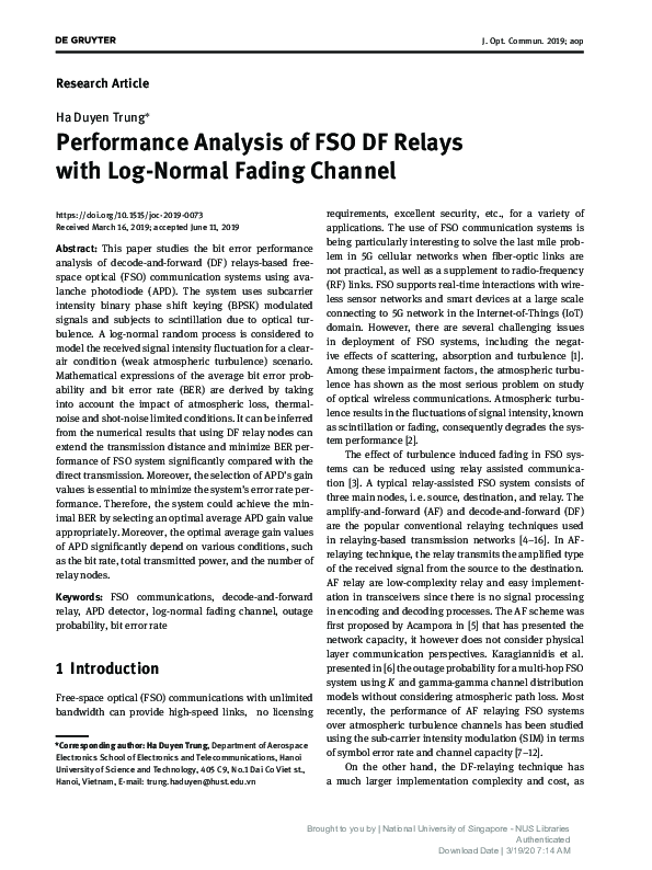 (PDF) Performance Analysis of FSO DF Relays with Log-Normal Fading Channel