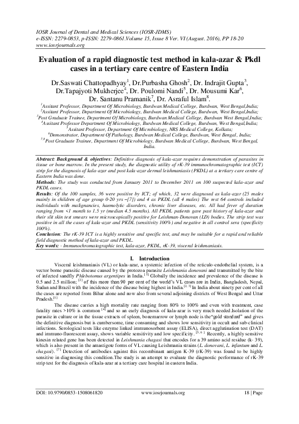 (PDF) Evaluation of a rapid diagnostic test method in kala-azar & Pkdl ...
