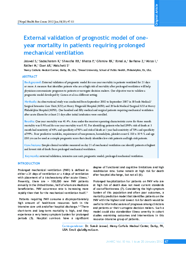 (PDF) External validation of prognostic model of one-year mortality in ...