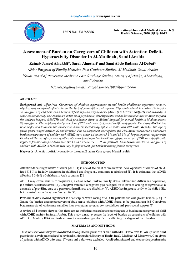 (PDF) Assessment of Burden on Caregivers of Children with Attention ...