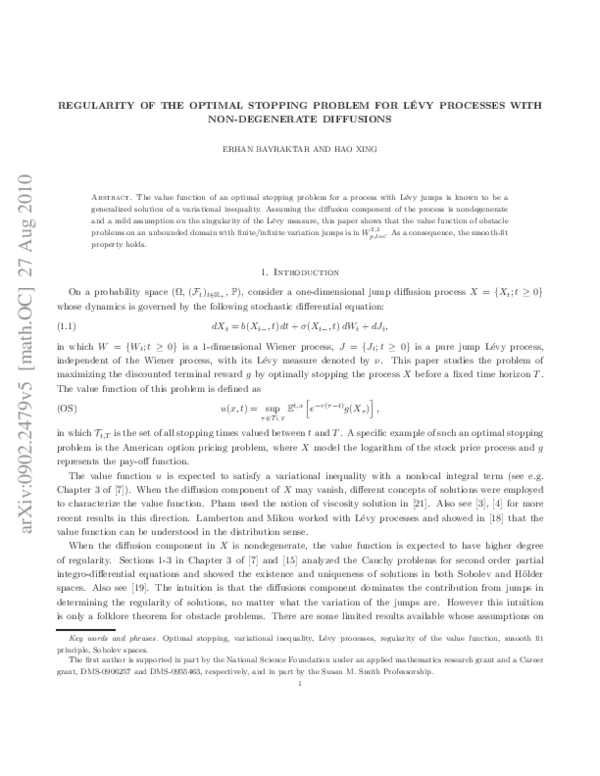 (PDF) Regularity of the Optimal Stopping Problem for Levy Processes ...