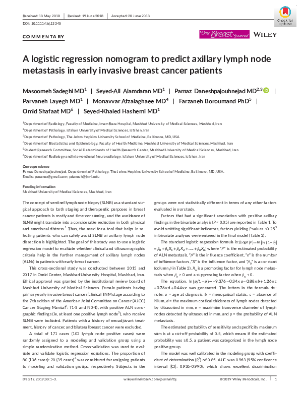 (PDF) A logistic regression nomogram to predict axillary lymph node ...