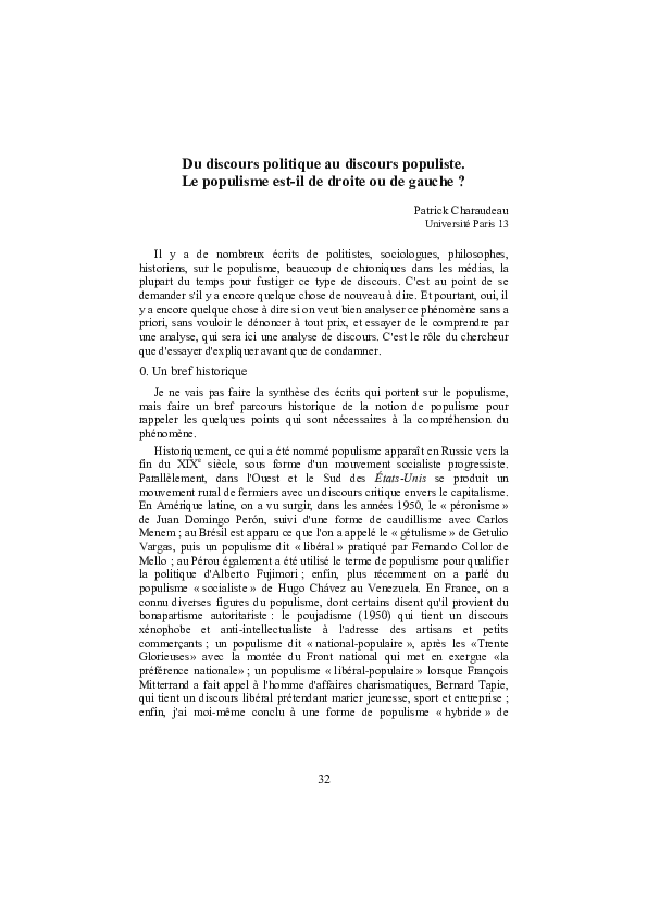 (PDF) Du Discours Politique Au Discours Populiste. Le Populisme Est-Il ...
