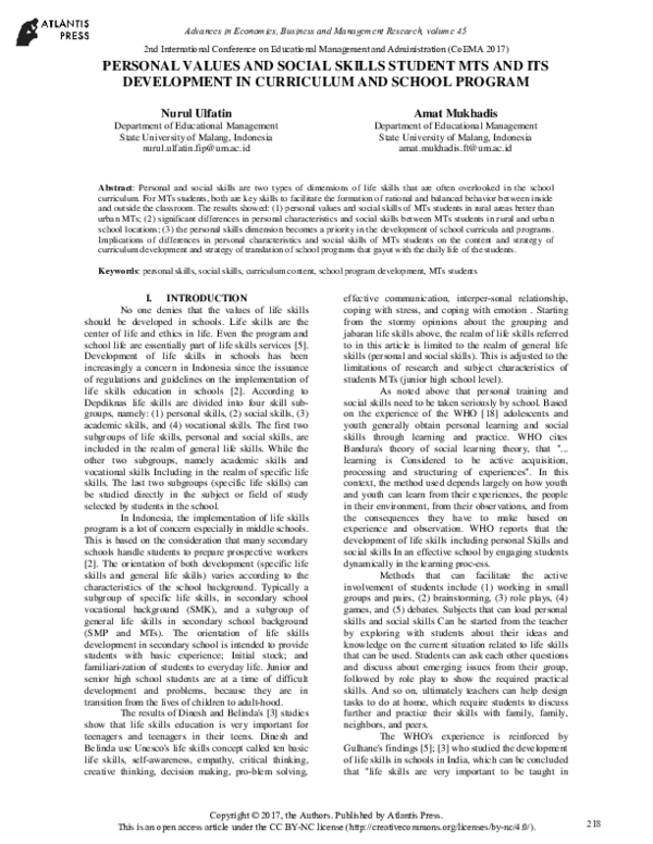 (PDF) Personal Values and Social Skills Student MTS and its Development ...