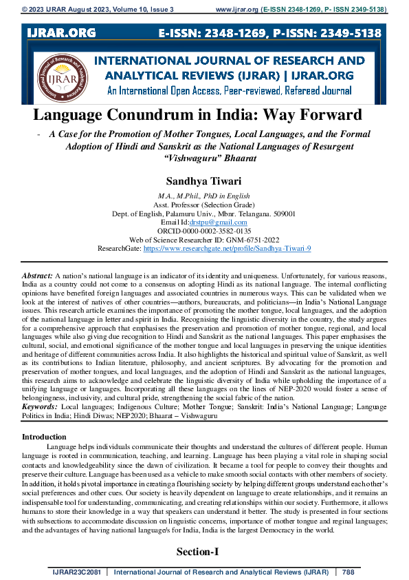 (PDF) Language Conundrum In India: Way Forward A Case For The Promotion ...
