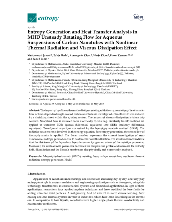(PDF) Entropy Generation and Heat Transfer Analysis in MHD Unsteady ...