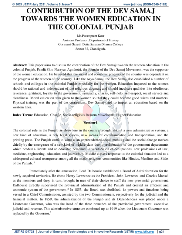 (PDF) Contribution of the Dev Samaj Towards the Women Education in the ...