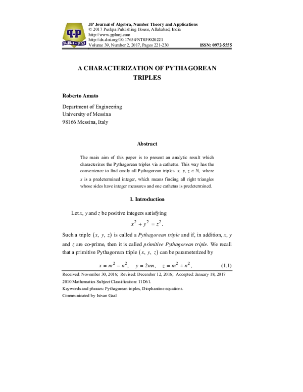 PDF) A Characterization of Pythagorean Triples