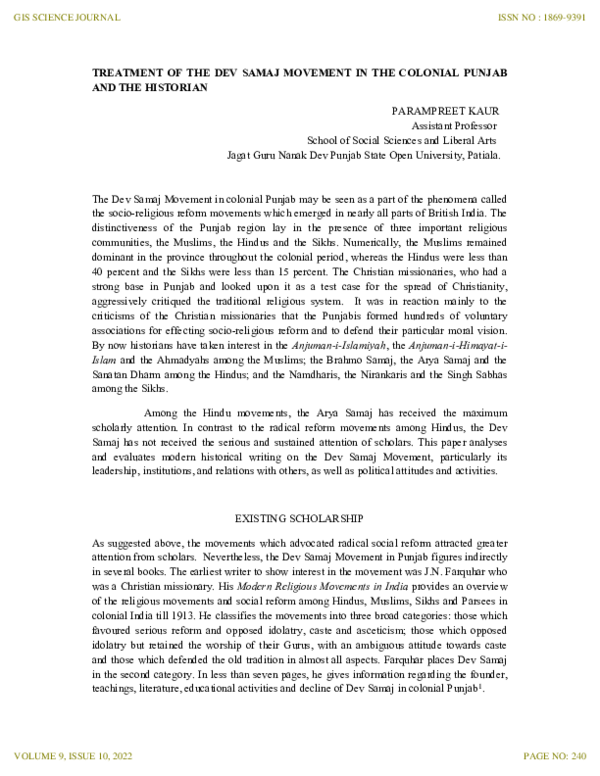 (PDF) TREATMENT OF THE DEV SAMAJ MOVEMENT IN THE COLONIAL PUNJAB AND ...