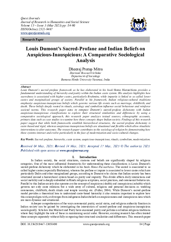 (PDF) Louis Dumont’s Sacred-Profane and Indian Beliefs on Auspicious ...