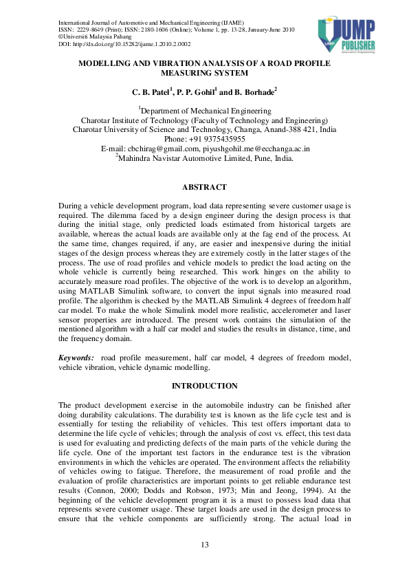 (PDF) Modeling and Vibration Analysis of Road Profile Measuring System