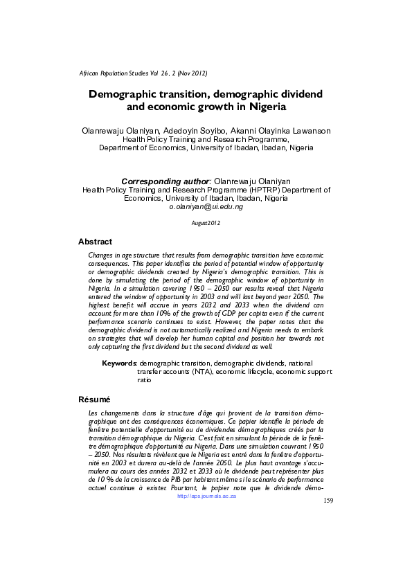 (PDF) Demographic transition, demographic dividendand economic growth ...