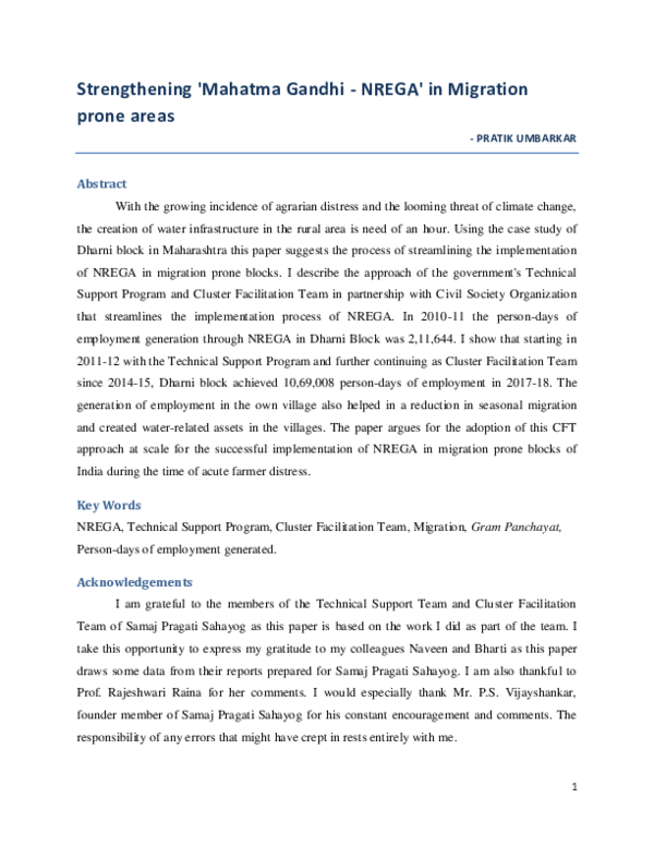 (PDF) Strengthening 'Mahatma Gandhi -NREGA' in Migration prone areas ...