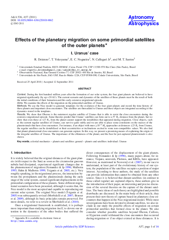 (PDF) Effects of the planetary migration on some primordial satellites ...