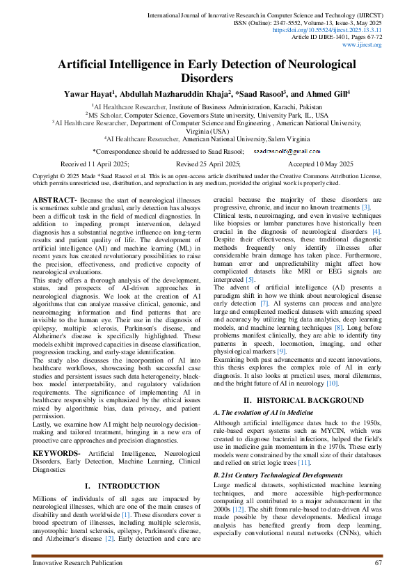(PDF) Artificial Intelligence in Early Detection of Neurological Disorders