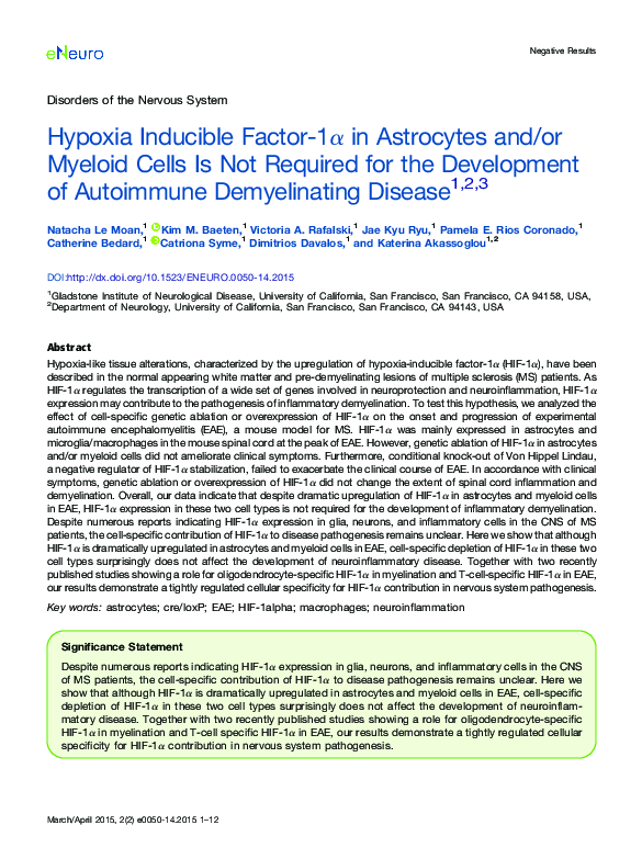 (PDF) Hypoxia Inducible Factor-1α in Astrocytes and/or Myeloid Cells Is ...