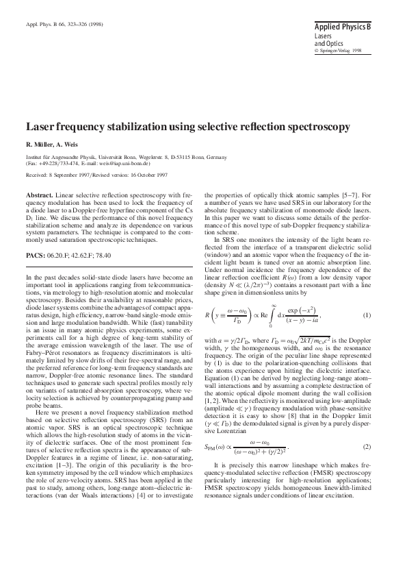 (PDF) Laser frequency stabilization using selective reflection spectroscopy