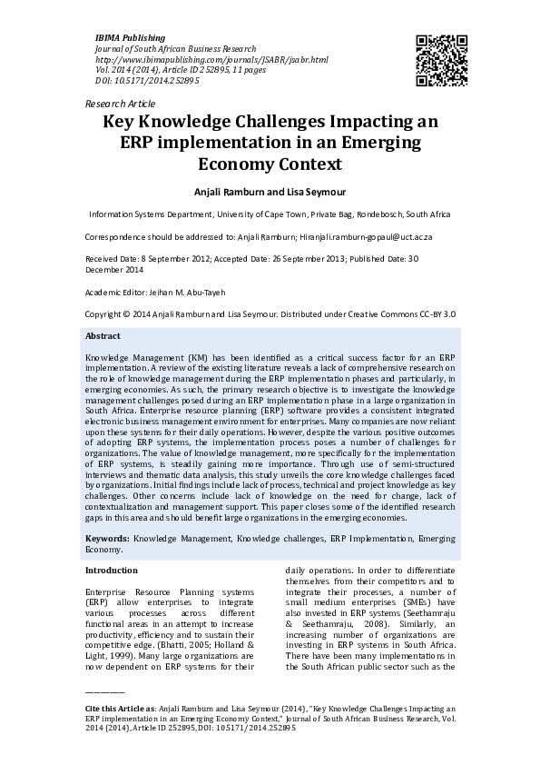 (PDF) Key Knowledge Challenges Impacting an ERP implementation in an ...