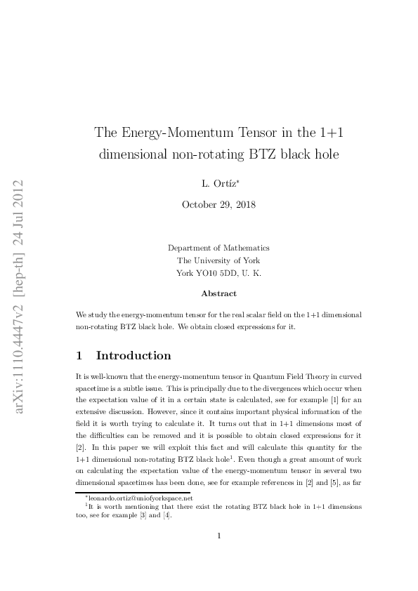 (PDF) The energy-momentum tensor in the 1 + 1 dimensional non-rotating ...