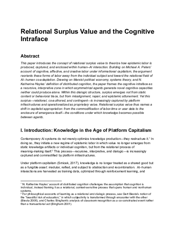 (PDF) Relational Surplus Value and the Cognitive Intraface