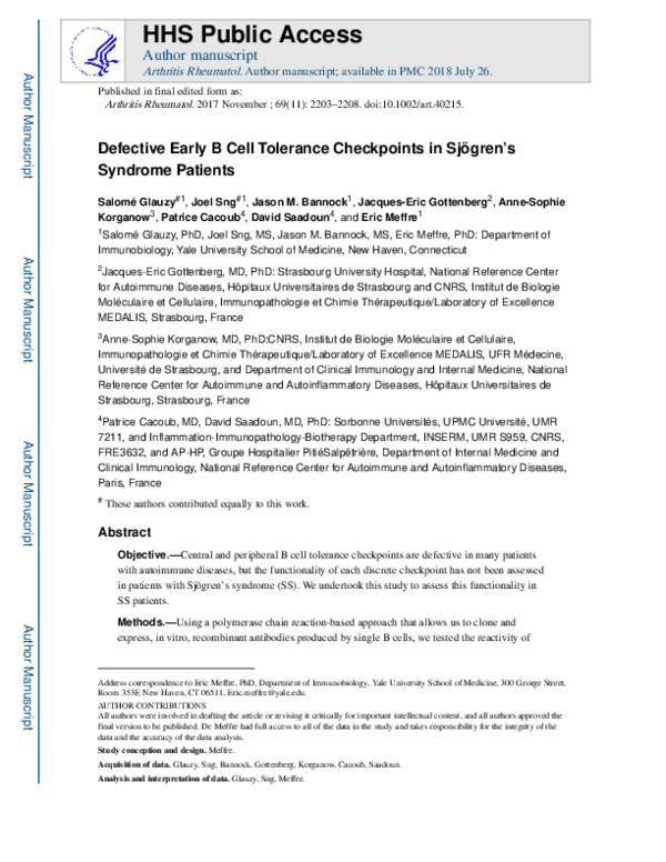 (PDF) Defective early B cell tolerance checkpoints in Sjögren's ...