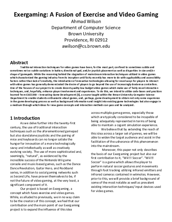 (PDF) Exergaming : A Fusion of Exercise and Video Gaming