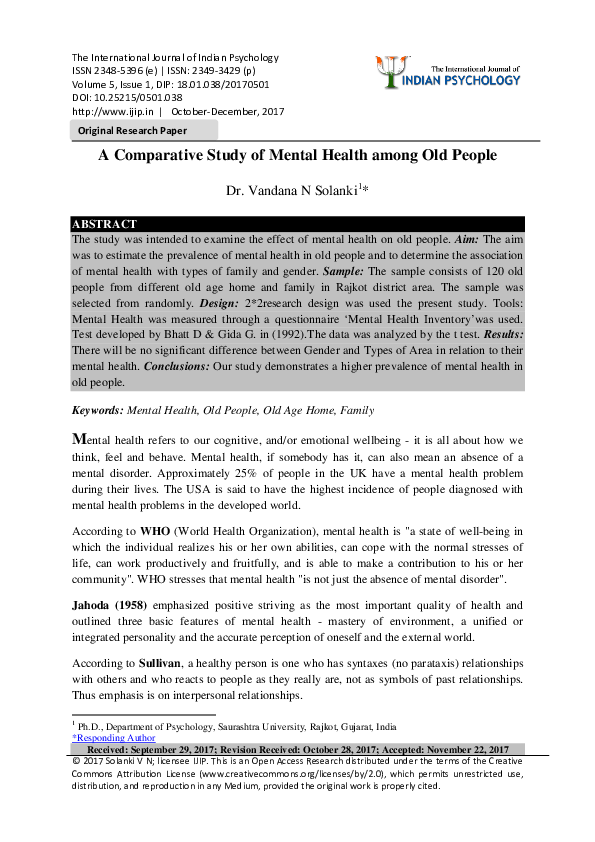 (PDF) A Comparative Study of Mental Health among Old People