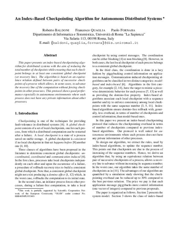 (PDF) An index-based checkpointing algorithm for autonomous distributed ...