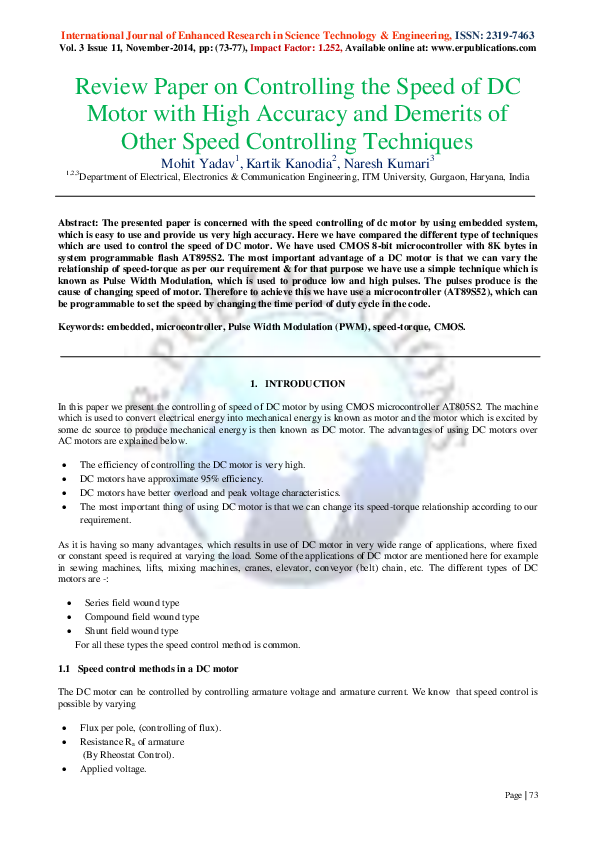 (PDF) Review Paper on Controlling the Speed of DC Motor with High ...
