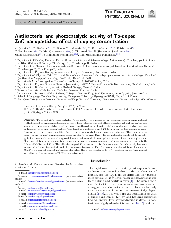 (PDF) Antibacterial and photocatalytic activity of Tb-doped ZnO ...