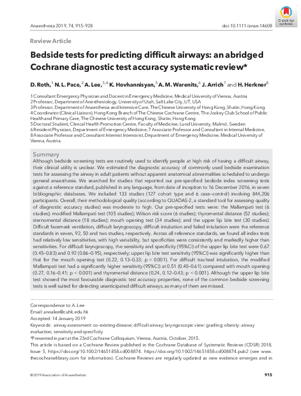(PDF) Bedside tests for predicting difficult airways: an abridged ...