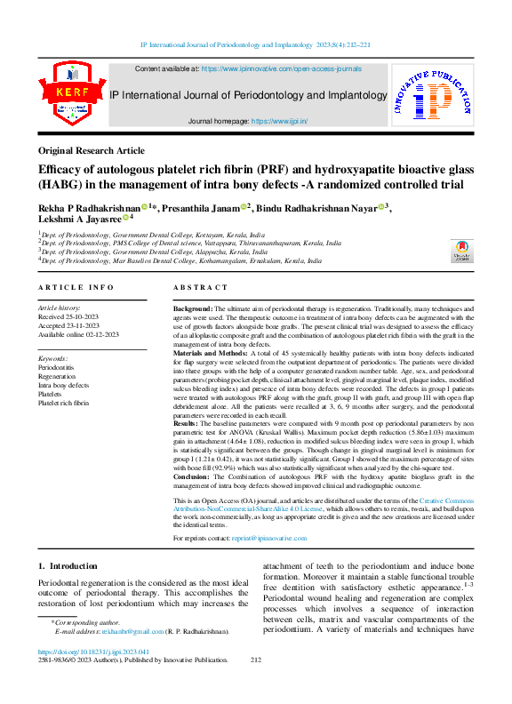 (PDF) Efficacy of autologous platelet rich fibrin (PRF) and ...