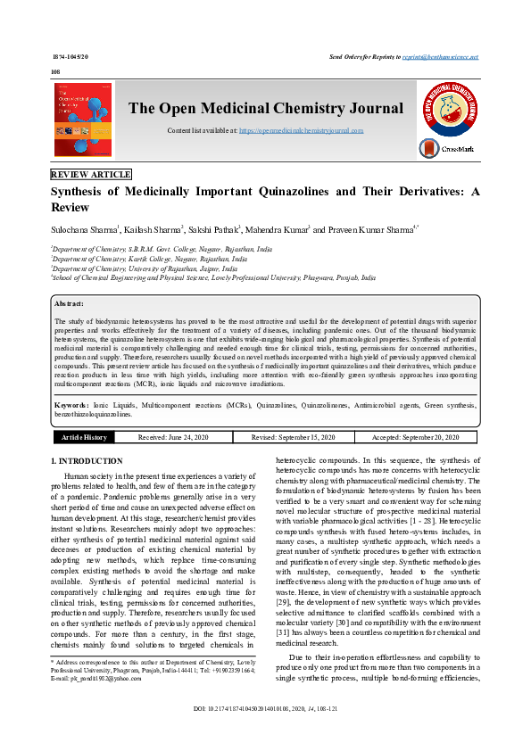 (PDF) Synthesis of Medicinally Important Quinazolines and Their ...