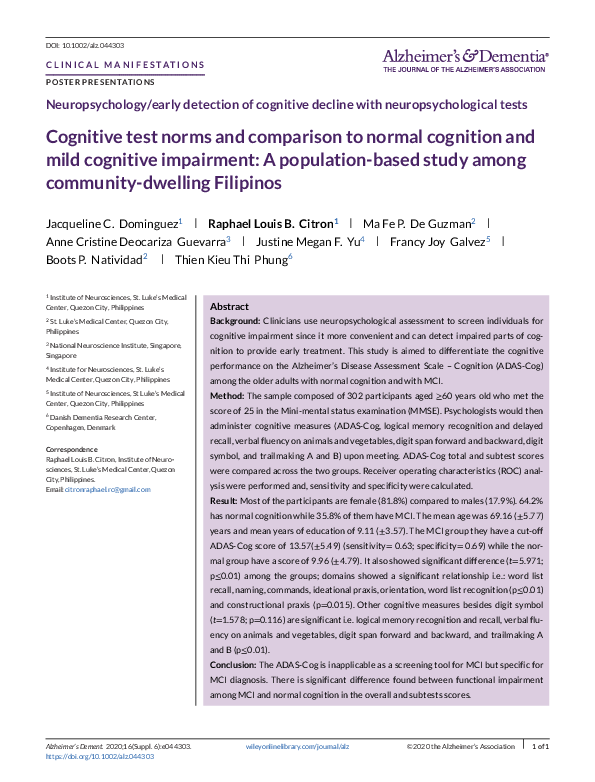 (PDF) Cognitive test norms and comparison to normal cognition and mild ...
