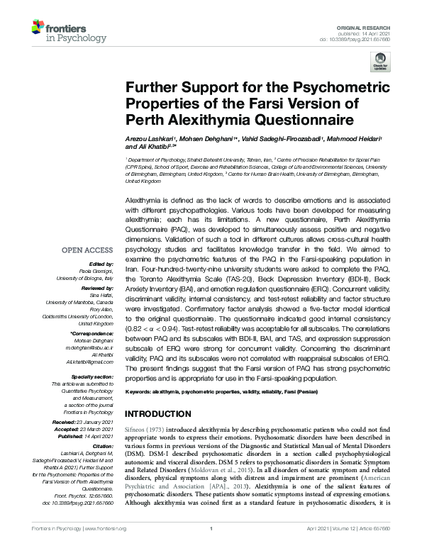 (PDF) Further Support for the Psychometric Properties of the Farsi ...