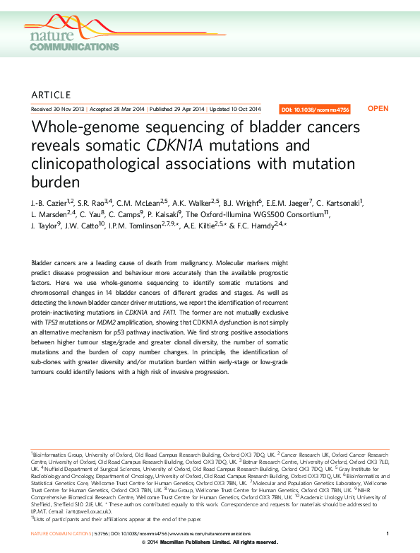 (PDF) Whole-genome sequencing of bladder cancers reveals somatic CDKN1A ...