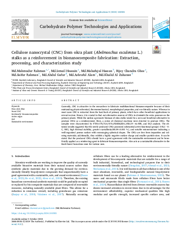 (PDF) Cellulose nanocrystal (CNC) from okra plant (Abelmoschus ...