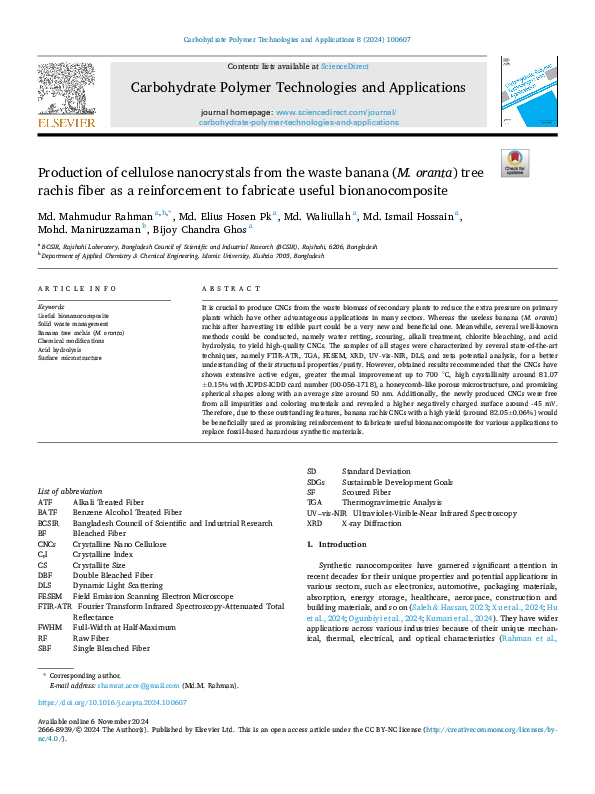 (PDF) Production of cellulose nanocrystals from the waste banana (M ...